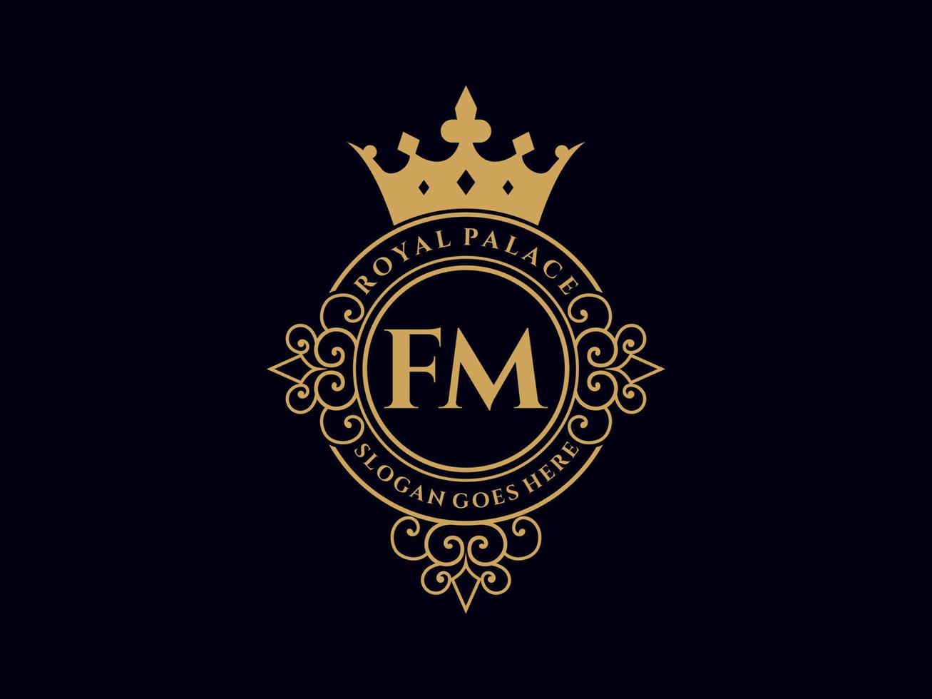 lettre fm logo victorien de luxe royal antique avec cadre ornemental. vecteur