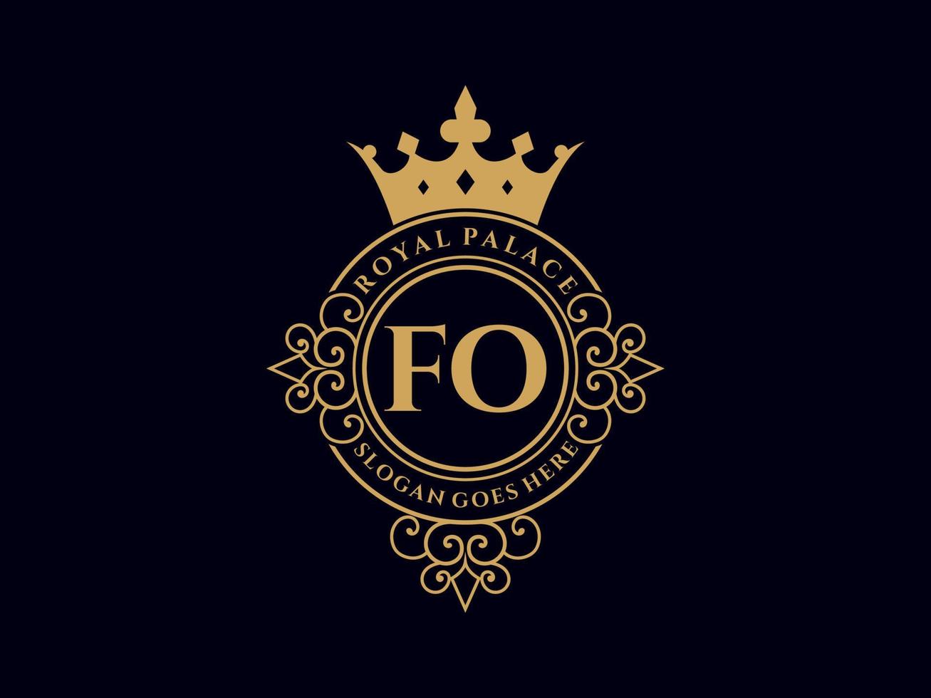 lettre fo logo victorien de luxe royal antique avec cadre ornemental. vecteur