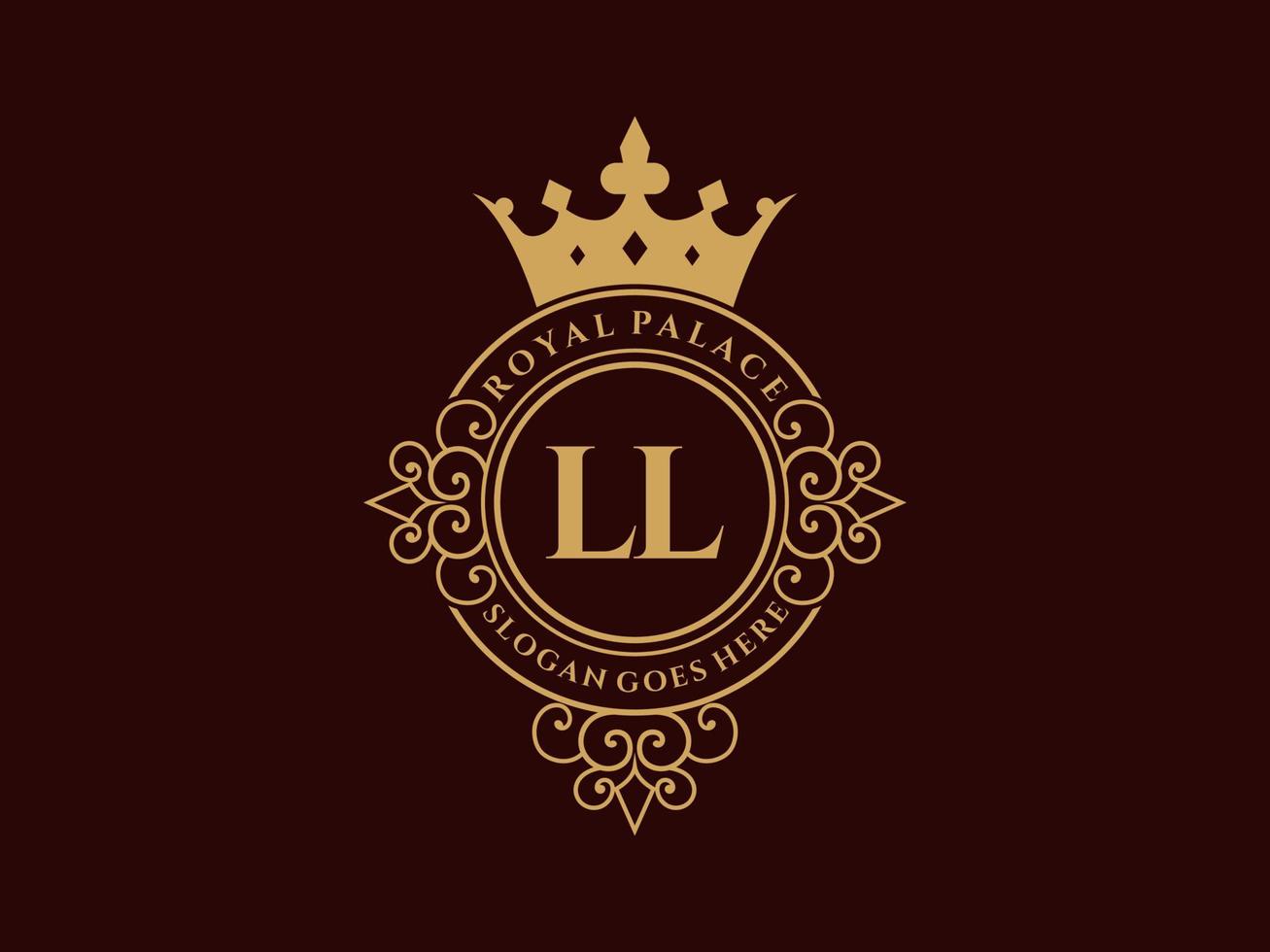 lettre ll logo victorien de luxe royal antique avec cadre ornemental. vecteur