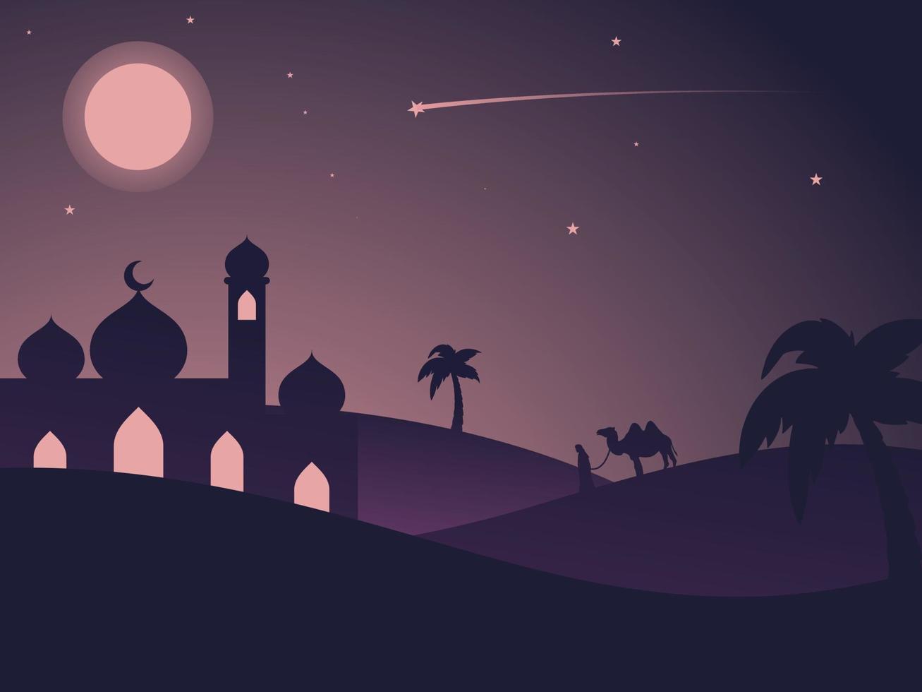 une mosquée de nuit de pleine lune sur la silhouette du désert - silhouette de couleur violet foncé vecteur