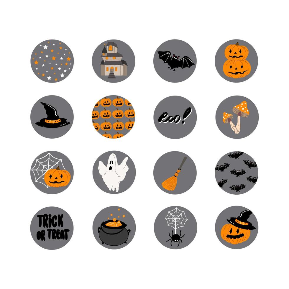 ensemble d'icônes et de badges pour mettre en évidence les médias sociaux avec de jolis symboles d'halloween. icônes dessinées à la main avec des citrouilles, des chauves-souris, des fantômes. autocollants, planificateur hebdomadaire. illustration vectorielle vecteur