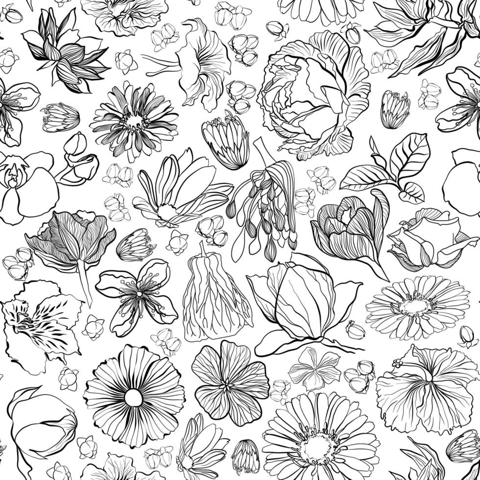 motif floral sans couture avec fleurs et bourgeons en technique de doodle vecteur