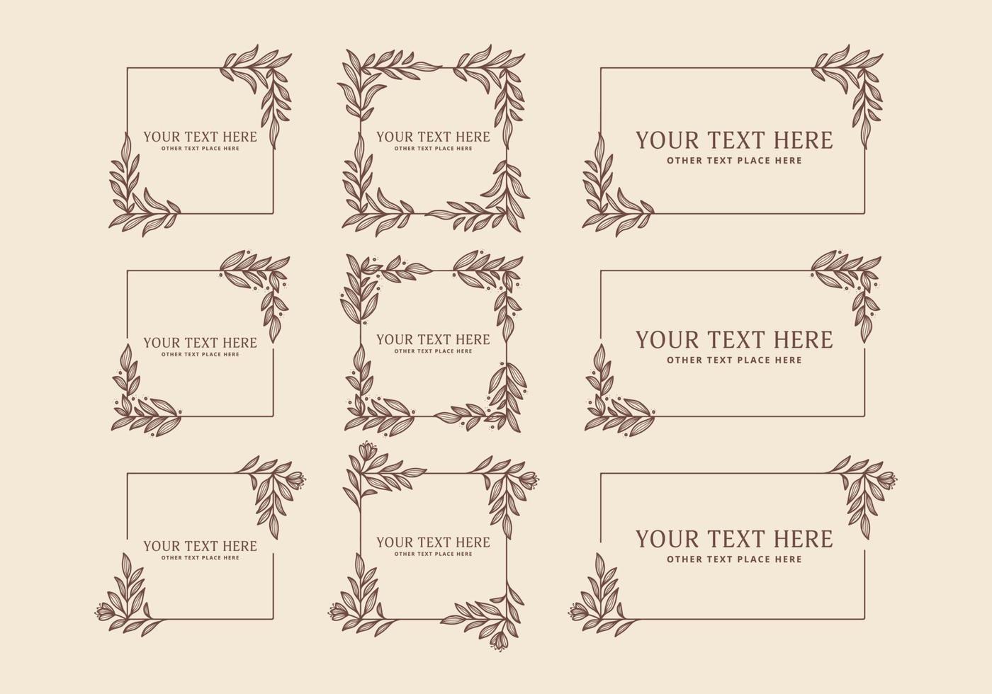 définir le contour de décoration de vecteur de contour de branche de feuille de fleur vintage. contour de bordure de cadre de bouquet floral de fleur de rectangle carré dessiné à la main