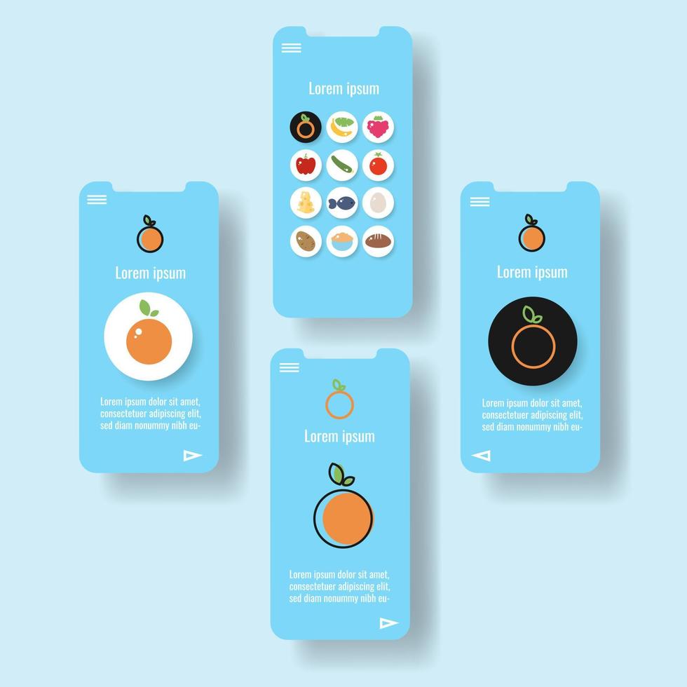 page d'application mobile de modèle avec des fruits orange. illustration vectorielle d'icône de contour de nourriture vecteur