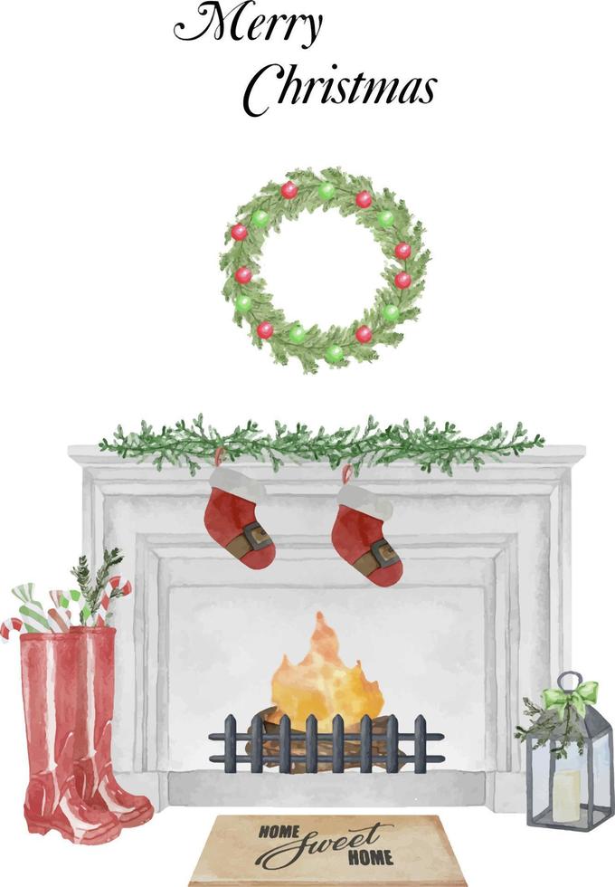 illustration à l'aquarelle d'une cheminée moderne avec chaussettes, décor, arbre de noël, bougie, cadeaux de boules, couronne. décoration de bonne année. joyeuses fêtes de noël. vecteur