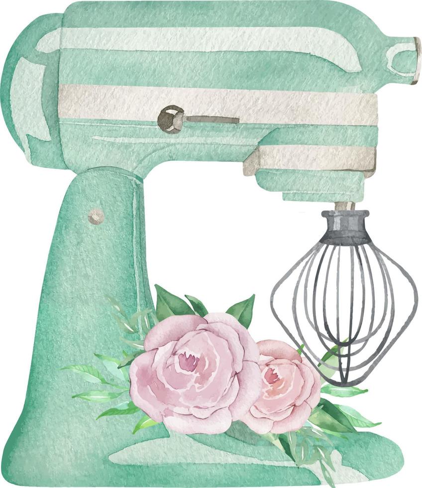 mélangeur planétaire de pâtisserie aquarelle menthe turquoise avec un fouet et avec des fleurs et de la verdure. illustration de boulangerie pour invitation, pâtisserie, menu, logos vecteur