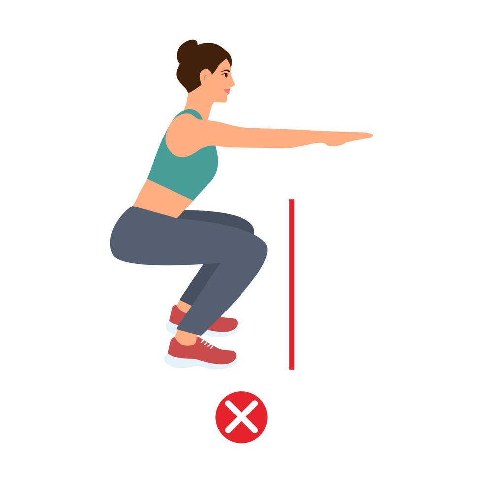 femme faisant de l'exercice sportif. entraînement physique mauvais squats. posture incorrecte. illustration vectorielle isolée vecteur