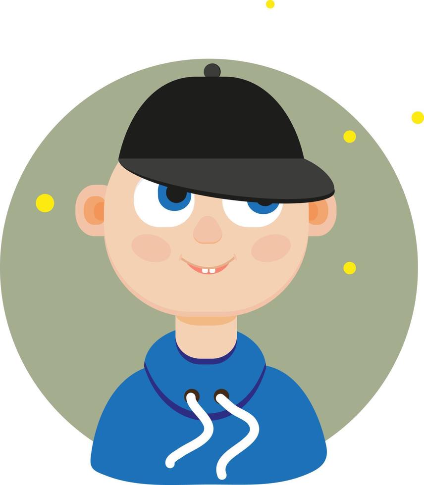 Garçon aux yeux bleus avec casquette de baseball, illustration, vecteur sur fond blanc.