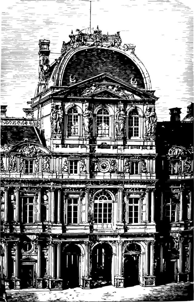 façade intérieure du louvre une gravure d'époque monument historique. vecteur