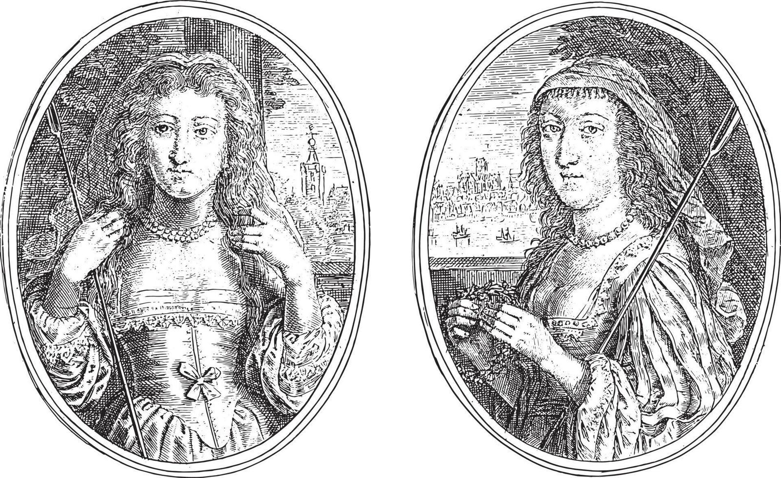 portraits de deux femmes inconnues, toutes deux en bergère, 1640, illustration vintage. vecteur