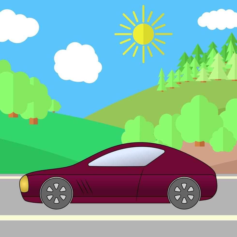 voiture de sport rouge foncé sur une route par une journée ensoleillée. illustration de voyage d'été. voiture sur paysage. vecteur