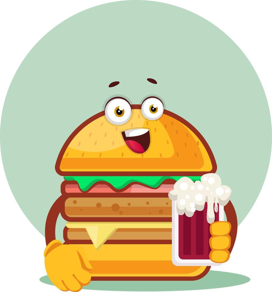 burger tient un verre de bière, illustration, vecteur sur fond blanc.