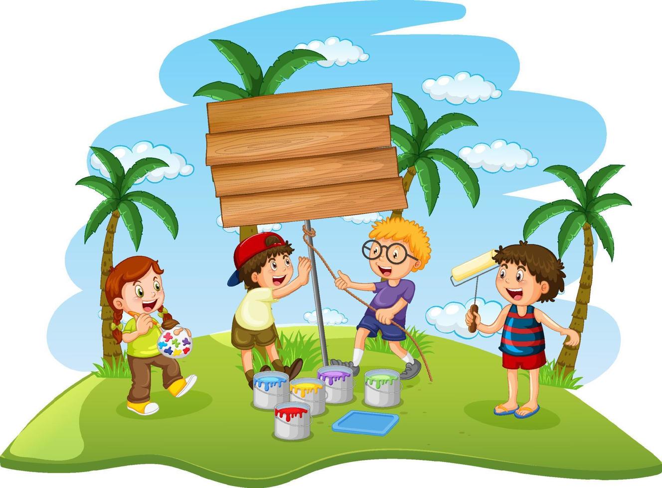 enfants heureux avec bannière en bois vecteur