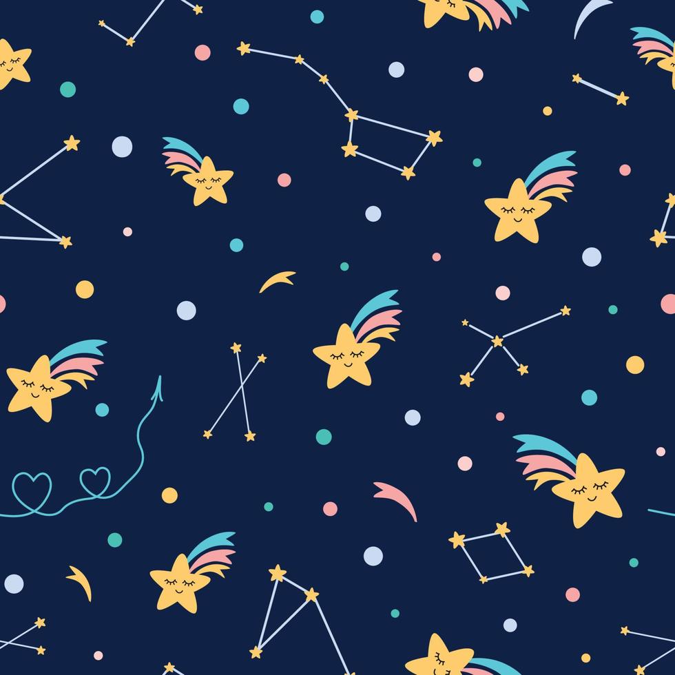 modèle sans couture de ciel pour enfants dans les couleurs de la nuit noire étoile arc-en-ciel fond de tir cosmos constellations concept de temps de sommeil impression d'astronomie de pépinière, illustration vectorielle de tissu tissu papier peint. vecteur