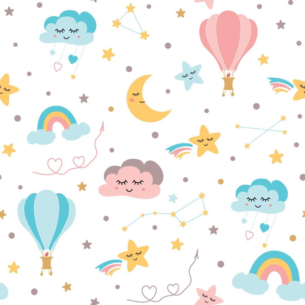 Éléments de ciel de modèle de bébé sans couture - étoiles de lune arc-en-ciel nuages souriants ballon à air chaud ours mignon texture enfantine créative de style enfantin pour le tissu enveloppant les vêtements de papier peint textile. illustration vectorielle vecteur