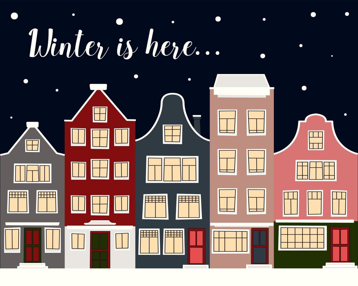 rue de la ville d'hiver de noël avec affiche de petites maisons. arrière-plan pour cartes de vœux, cartes postales, lettres, étiquettes, web, etc. vecteur