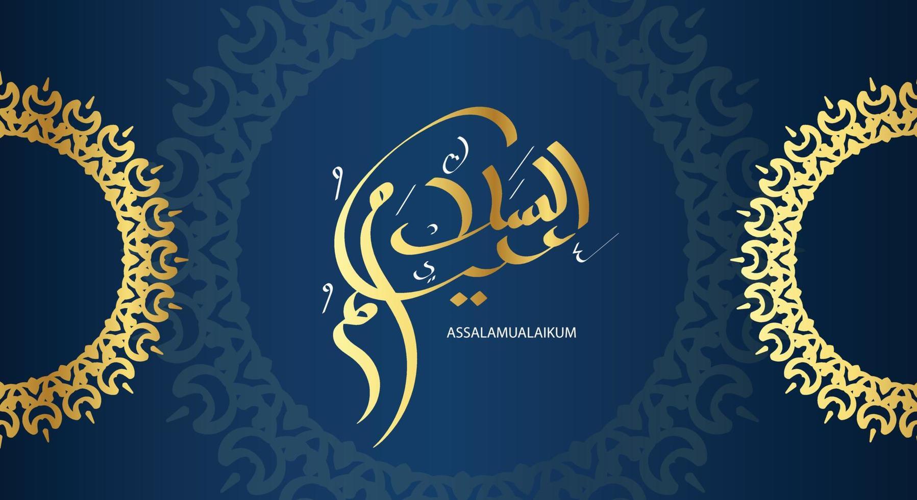 calligraphie arabe assalamualaikum avec couleur dorée et arrière-plan bleu classique, traduite par, que la paix, la miséricorde et les bénédictions de dieu soient sur vous vecteur
