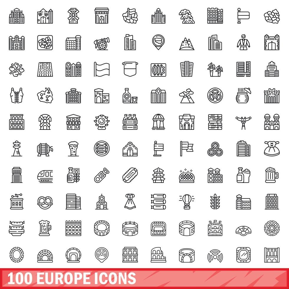 Ensemble de 100 icônes d'Europe, style de contour vecteur