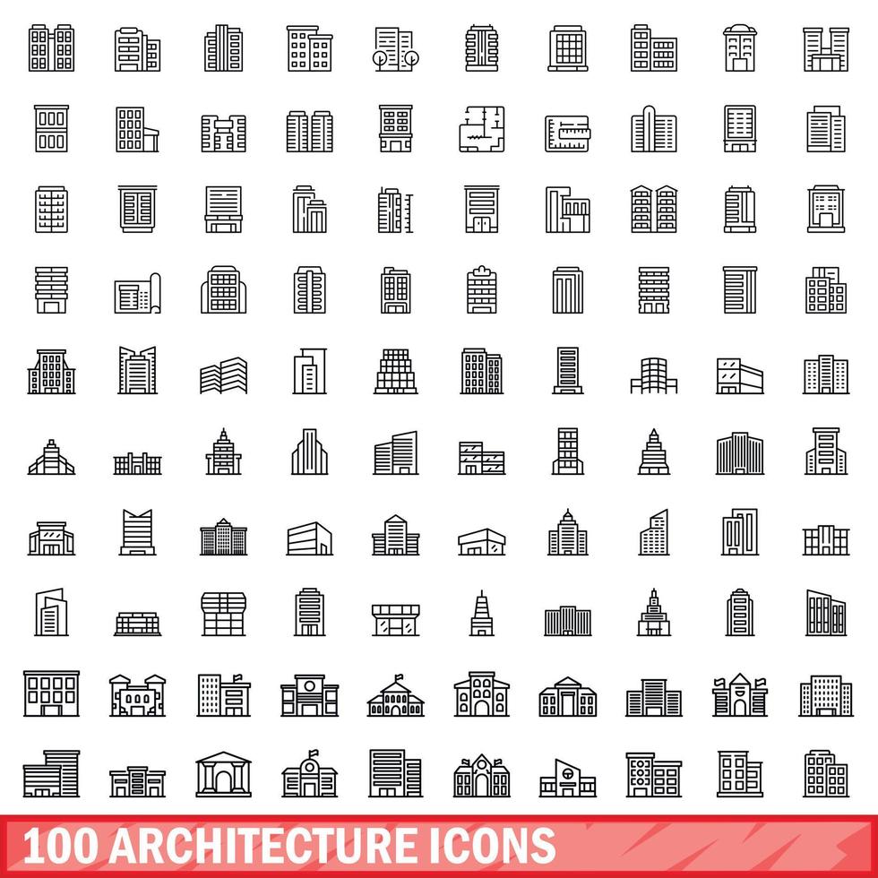 Ensemble de 100 icônes d'architecture, style de contour vecteur