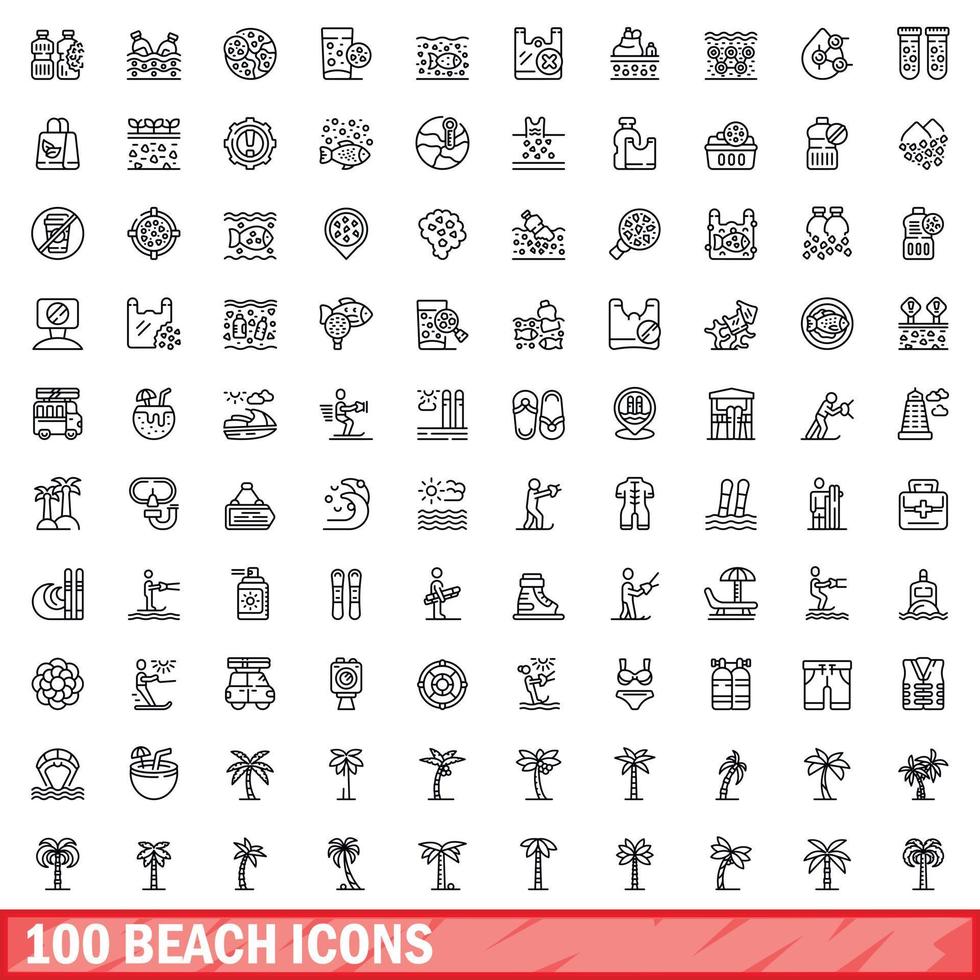 Ensemble de 100 icônes de plage, style de contour vecteur