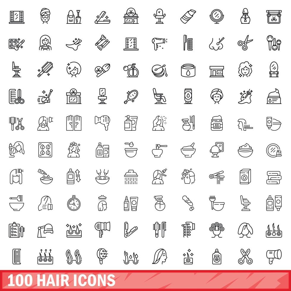 Ensemble de 100 icônes de cheveux, style de contour vecteur