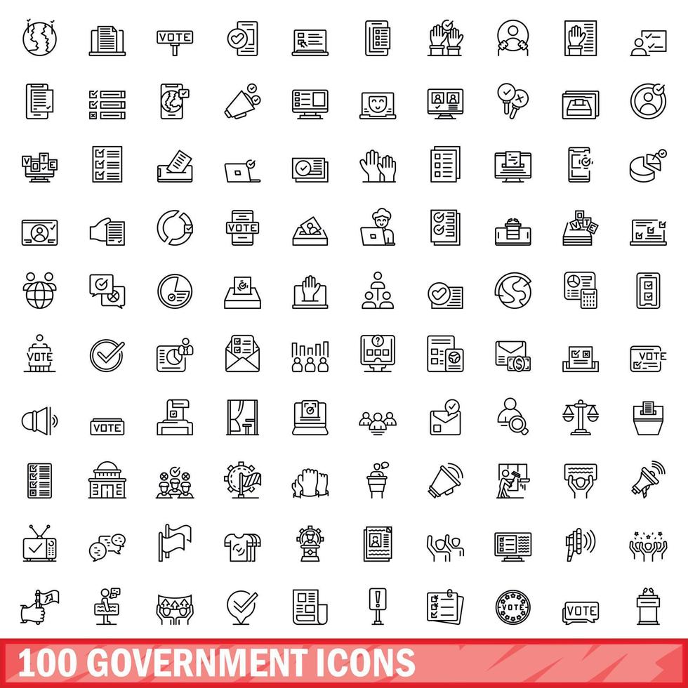 Ensemble de 100 icônes de gouvernement, style de contour vecteur