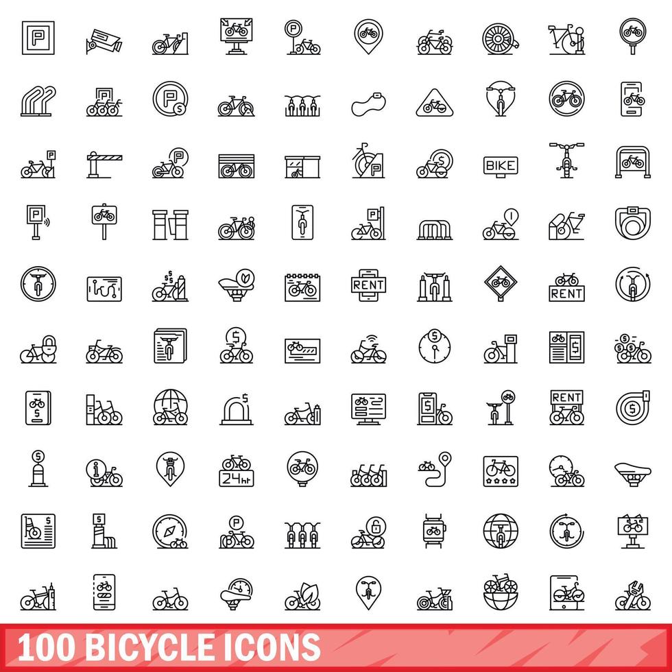 Ensemble de 100 icônes de vélo, style de contour vecteur