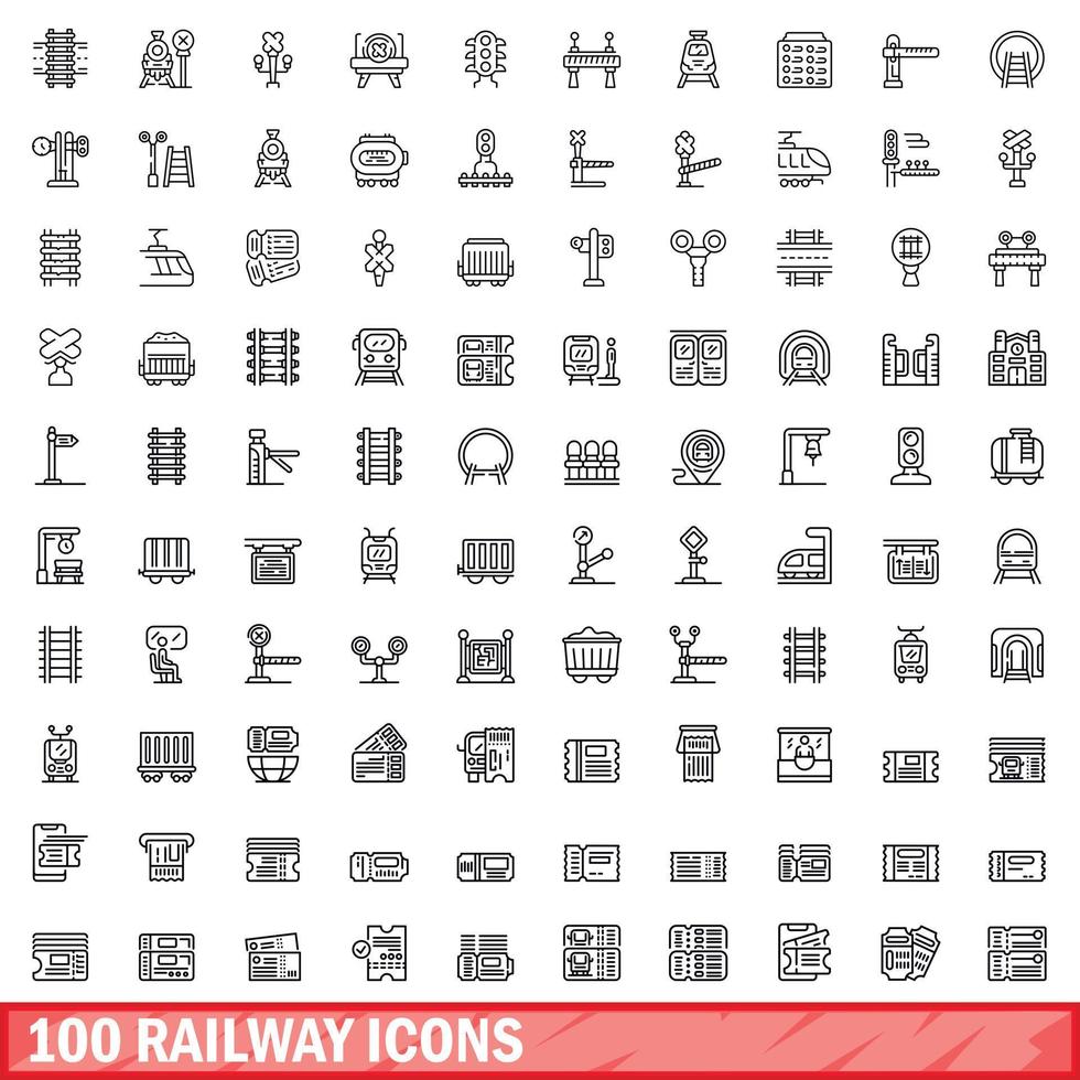 Ensemble de 100 icônes ferroviaires, style de contour vecteur