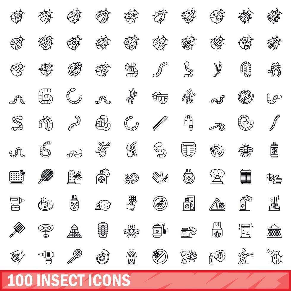 Ensemble de 100 icônes d'insectes, style de contour vecteur