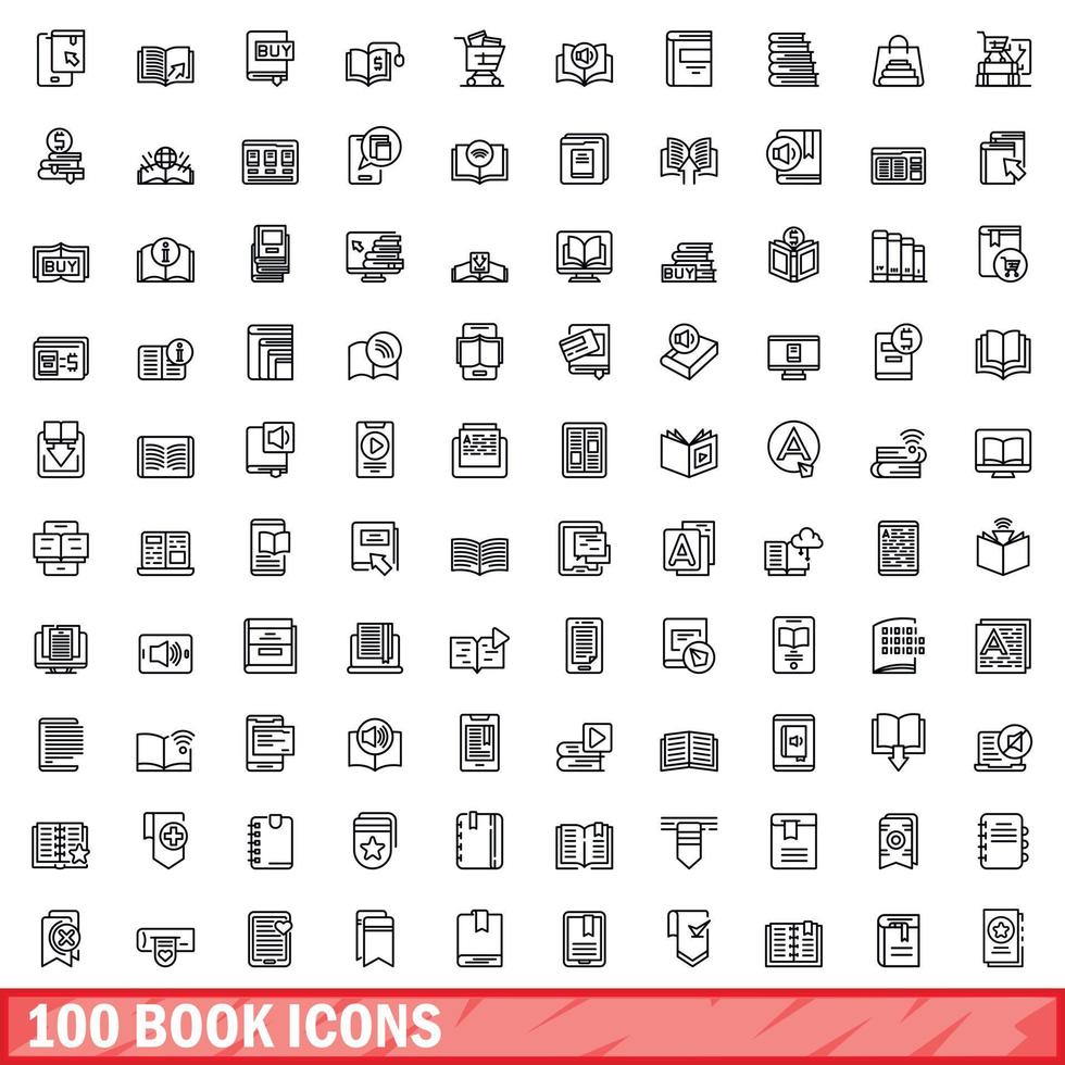 Ensemble de 100 icônes de livre, style de contour vecteur