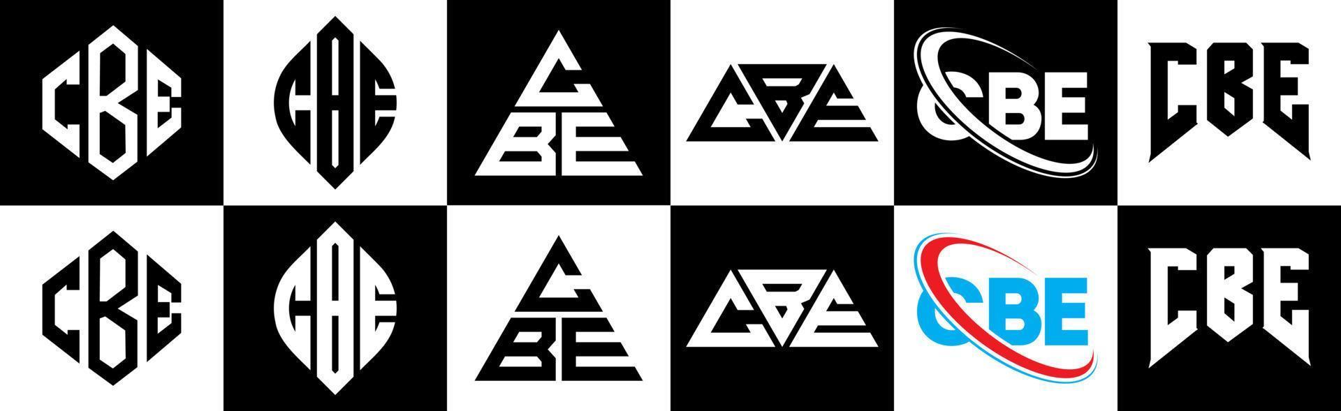 création de logo de lettre cbe en six styles. cbe polygone, cercle, triangle, hexagone, style plat et simple avec logo de lettre de variation de couleur noir et blanc dans un plan de travail. cbe logo minimaliste et classique vecteur