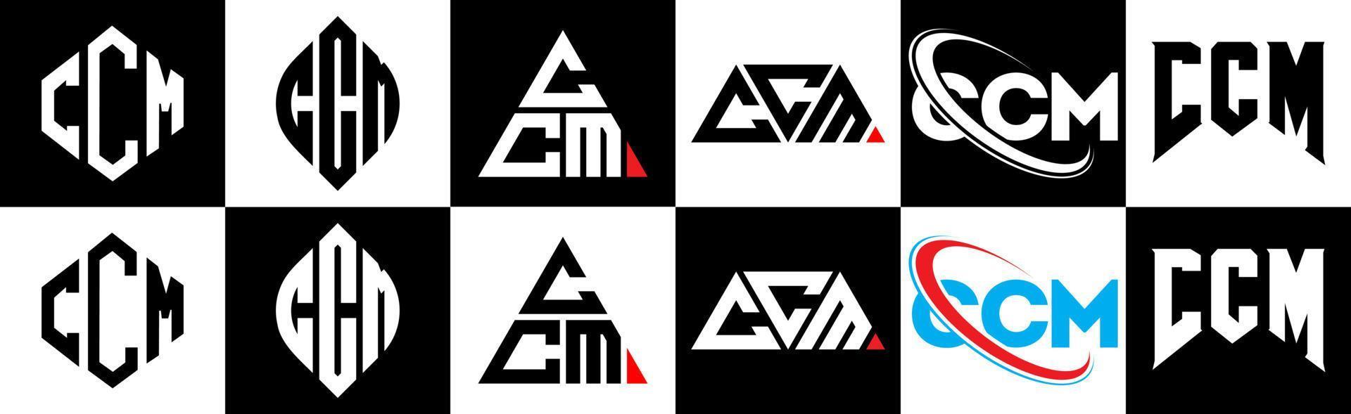 création de logo de lettre ccm dans six styles. ccm polygone, cercle, triangle, hexagone, style plat et simple avec logo de lettre de variation de couleur noir et blanc dans un plan de travail. logo ccm minimaliste et classique vecteur