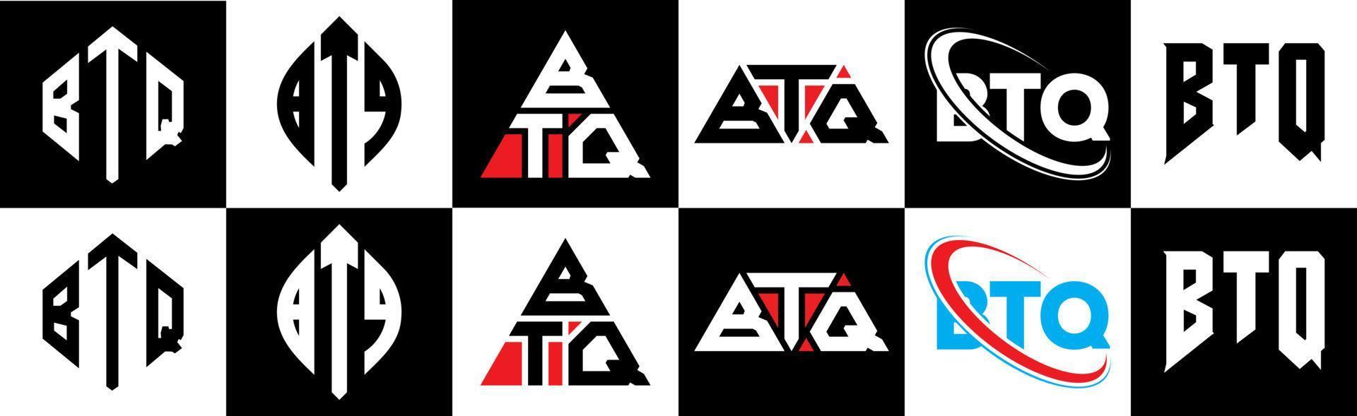 création de logo de lettre btq en six styles. polygone btq, cercle, triangle, hexagone, style plat et simple avec logo de lettre de variation de couleur noir et blanc dans un plan de travail. logo btq minimaliste et classique vecteur