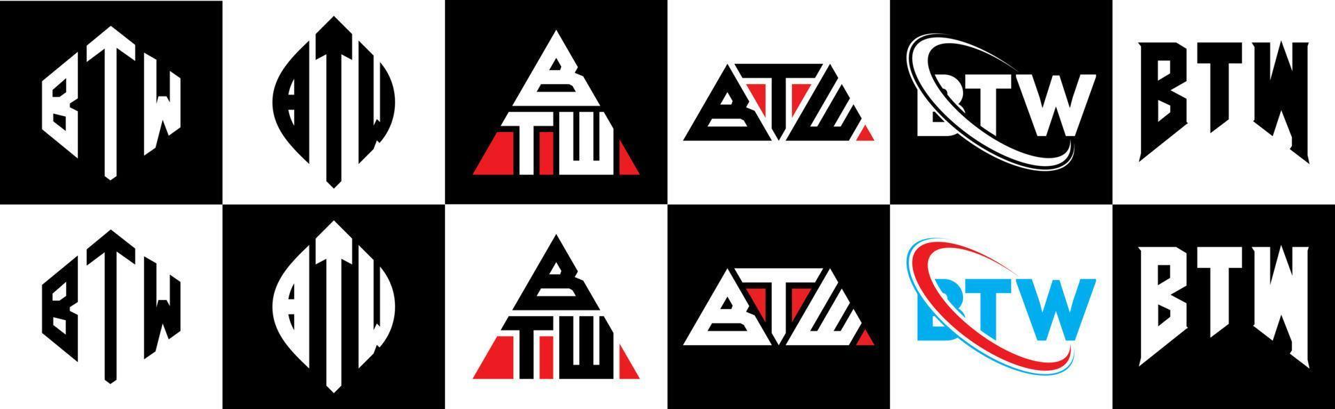 btw lettre logo design en six styles. btw polygone, cercle, triangle, hexagone, style plat et simple avec logo de lettre de variation de couleur noir et blanc dans un plan de travail. btw logo minimaliste et classique vecteur