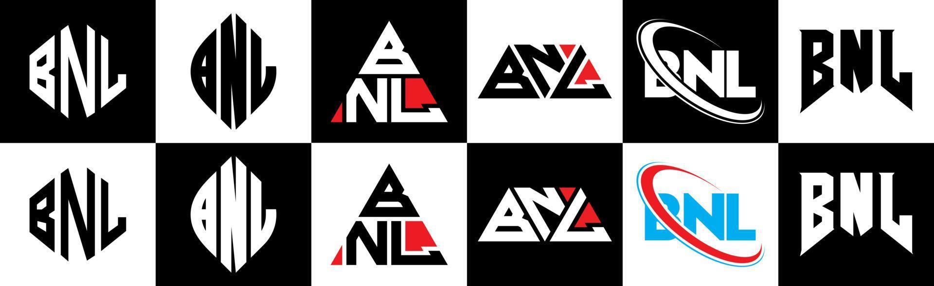 création de logo de lettre bnl en six styles. bnl polygone, cercle, triangle, hexagone, style plat et simple avec logo de lettre de variation de couleur noir et blanc dans un plan de travail. bnl logo minimaliste et classique vecteur