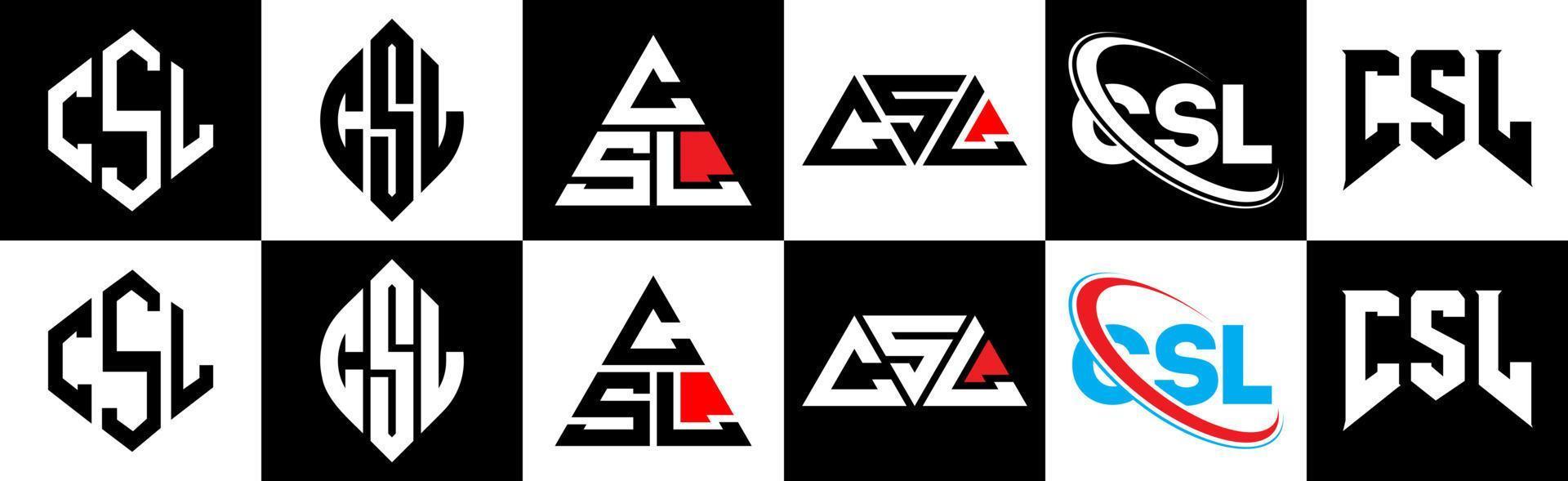 création de logo de lettre csl en six styles. polygone csl, cercle, triangle, hexagone, style plat et simple avec logo de lettre de variation de couleur noir et blanc dans un plan de travail. logo csl minimaliste et classique vecteur