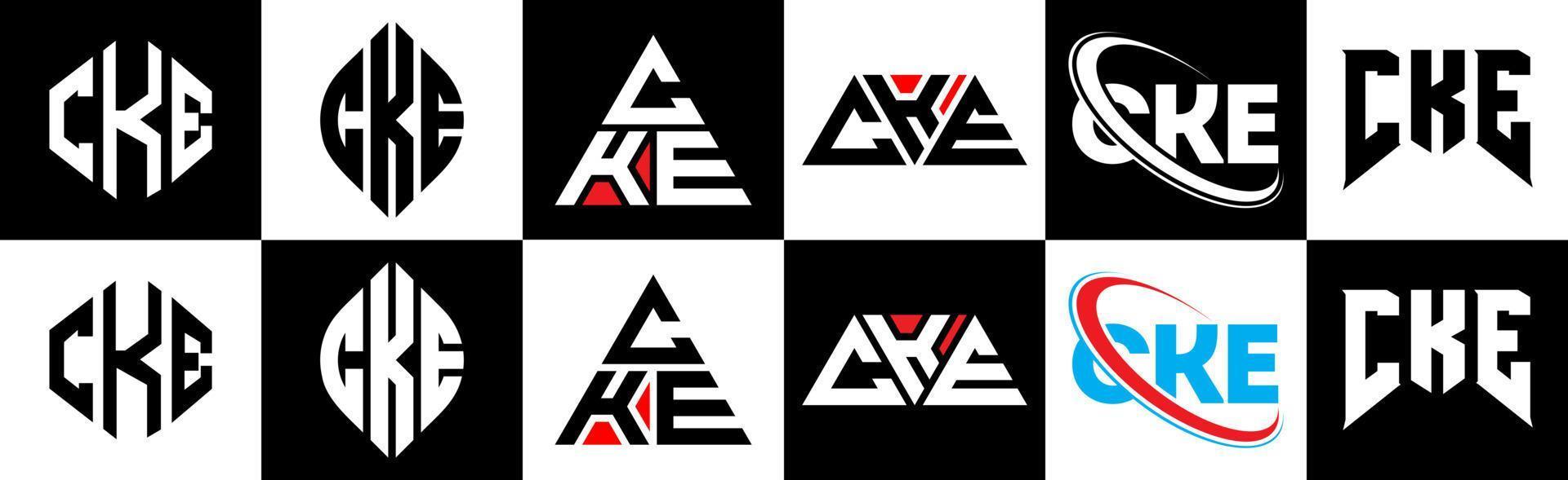 création de logo de lettre cke en six styles. cke polygone, cercle, triangle, hexagone, style plat et simple avec logo de lettre de variation de couleur noir et blanc dans un plan de travail. cke logo minimaliste et classique vecteur