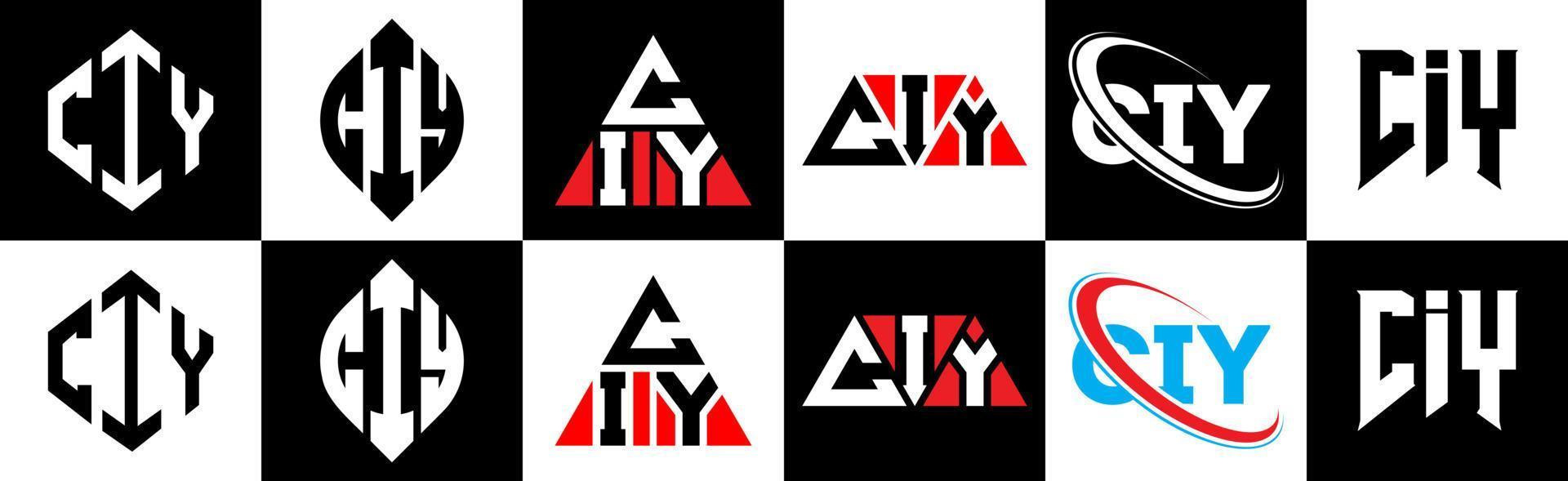 création de logo de lettre ciy en six styles. ciy polygone, cercle, triangle, hexagone, style plat et simple avec logo de lettre de variation de couleur noir et blanc dans un plan de travail. logo ciy minimaliste et classique vecteur