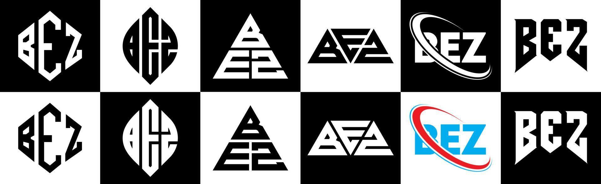 création de logo de lettre bez en six styles. bez polygone, cercle, triangle, hexagone, style plat et simple avec logo de lettre de variation de couleur noir et blanc dans un plan de travail. bez logo minimaliste et classique vecteur