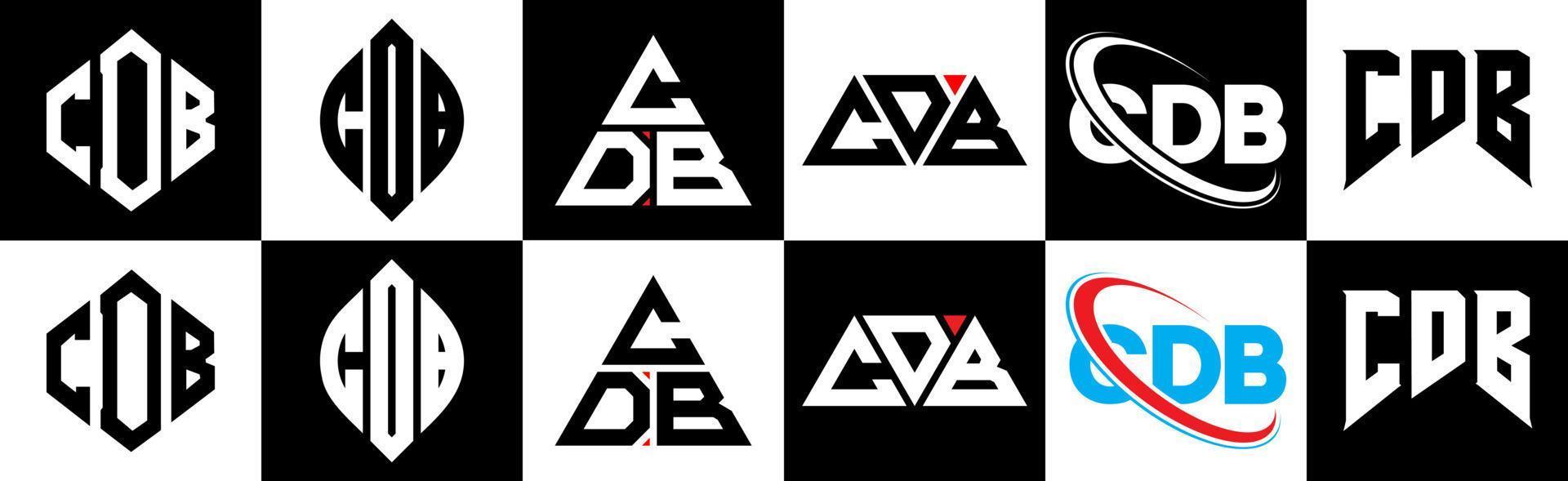 création de logo de lettre cdb en six styles. cdb polygone, cercle, triangle, hexagone, style plat et simple avec logo de lettre de variation de couleur noir et blanc dans un plan de travail. logo cdb minimaliste et classique vecteur