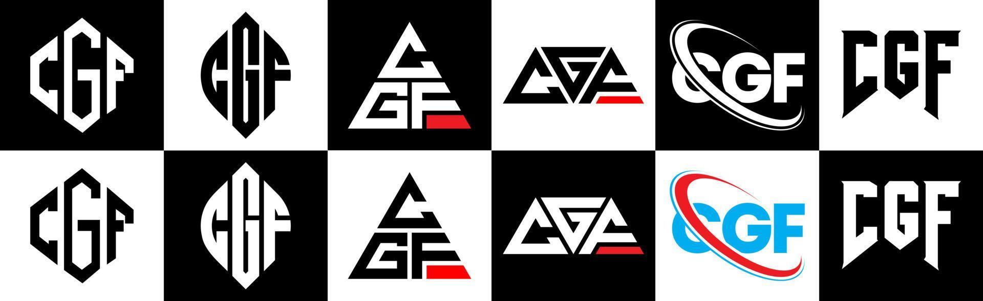 création de logo de lettre cgf en six styles. polygone cgf, cercle, triangle, hexagone, style plat et simple avec logo de lettre de variation de couleur noir et blanc dans un plan de travail. cgf logo minimaliste et classique vecteur