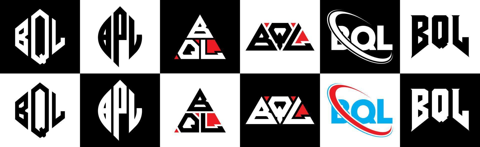 création de logo de lettre bql en six styles. polygone bql, cercle, triangle, hexagone, style plat et simple avec logo de lettre de variation de couleur noir et blanc dans un plan de travail. logo bql minimaliste et classique vecteur