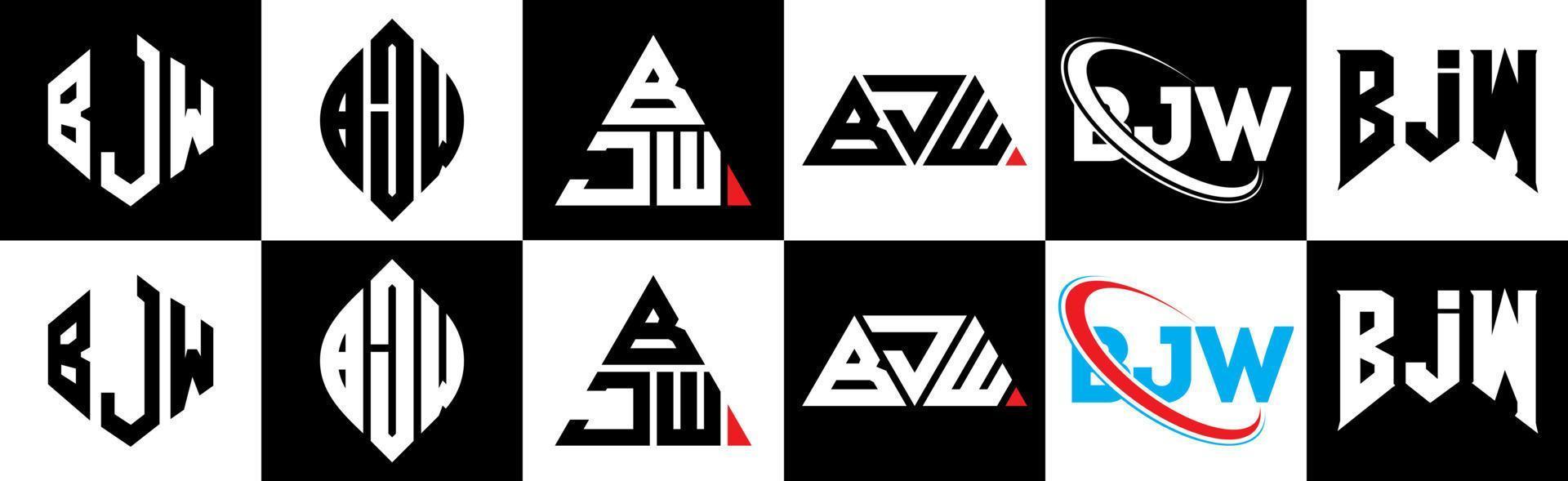 création de logo de lettre bjw en six styles. polygone bjw, cercle, triangle, hexagone, style plat et simple avec logo de lettre de variation de couleur noir et blanc dans un plan de travail. bjw logo minimaliste et classique vecteur