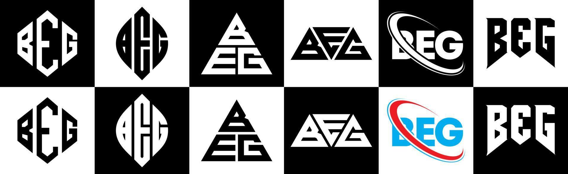 mendier la conception du logo de la lettre dans six styles. beg polygone, cercle, triangle, hexagone, style plat et simple avec logo de lettre de variation de couleur noir et blanc dans un plan de travail. beg logo minimaliste et classique vecteur