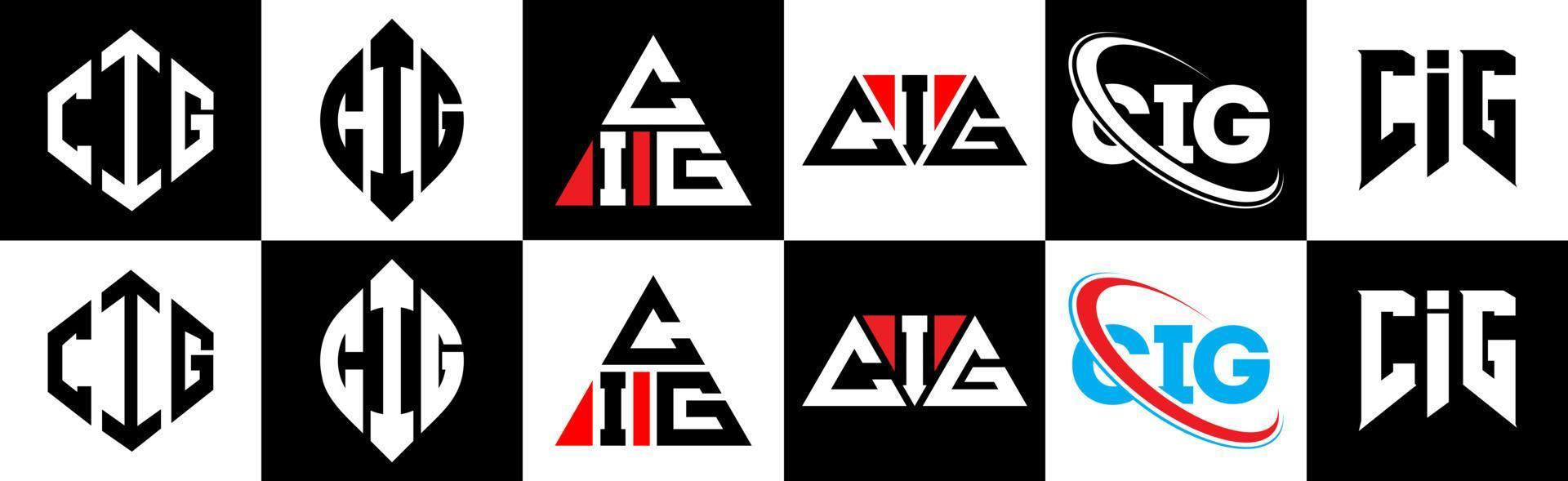 création de logo de lettre cig en six styles. polygone cig, cercle, triangle, hexagone, style plat et simple avec logo de lettre de variation de couleur noir et blanc dans un plan de travail. cig logo minimaliste et classique vecteur