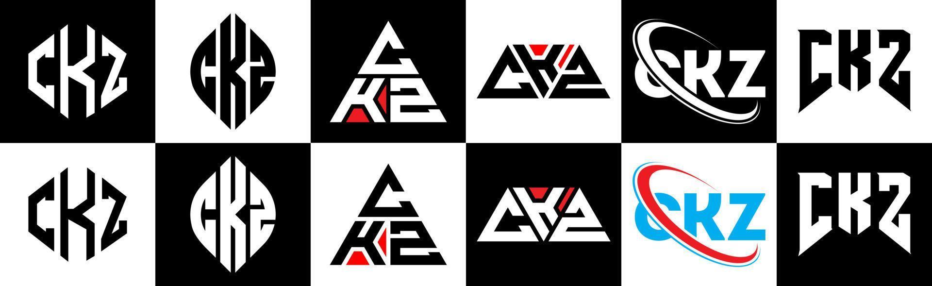 création de logo de lettre ckz en six styles. ckz polygone, cercle, triangle, hexagone, style plat et simple avec logo de lettre de variation de couleur noir et blanc dans un plan de travail. logo minimaliste et classique ckz vecteur