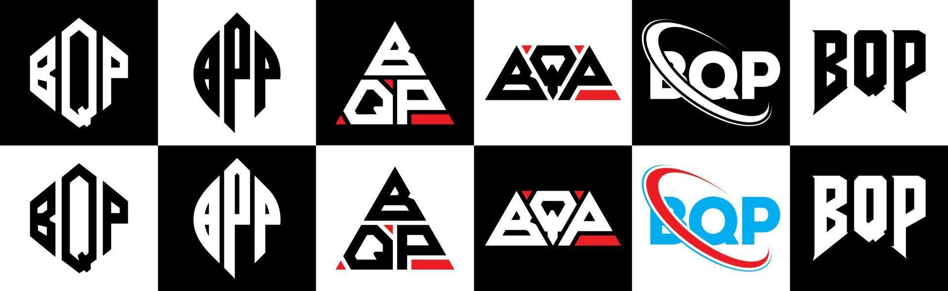 création de logo de lettre bqp en six styles. polygone bqp, cercle, triangle, hexagone, style plat et simple avec logo de lettre de variation de couleur noir et blanc dans un plan de travail. logo bqp minimaliste et classique vecteur