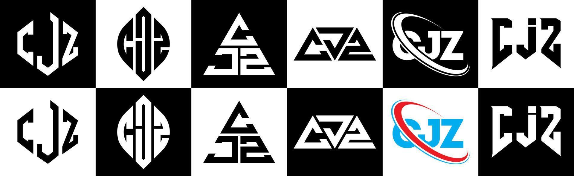 création de logo de lettre cjz en six styles. cjz polygone, cercle, triangle, hexagone, style plat et simple avec logo de lettre de variation de couleur noir et blanc dans un plan de travail. cjz logo minimaliste et classique vecteur