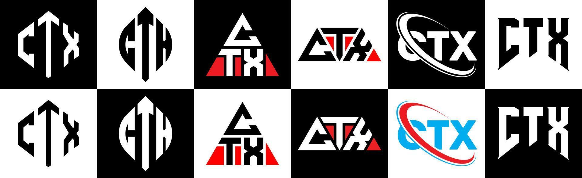 création de logo de lettre ctx en six styles. polygone ctx, cercle, triangle, hexagone, style plat et simple avec logo de lettre de variation de couleur noir et blanc dans un plan de travail. logo minimaliste et classique ctx vecteur