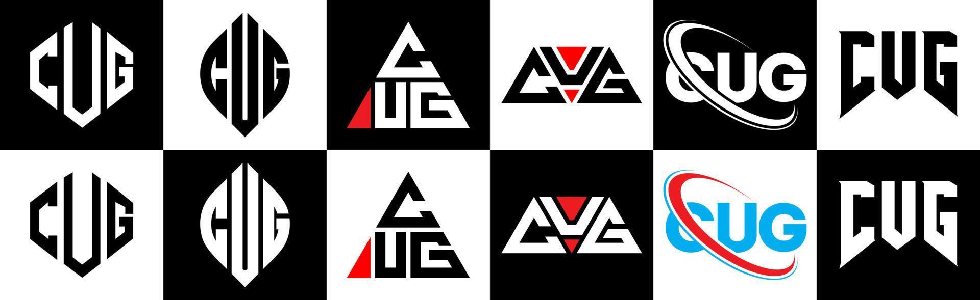 création de logo de lettre cug dans six styles. cug polygone, cercle, triangle, hexagone, style plat et simple avec logo de lettre de variation de couleur noir et blanc dans un plan de travail. cug logo minimaliste et classique vecteur